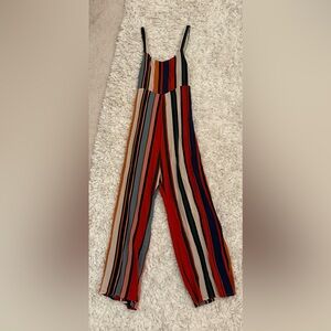 Olivaceous Strappy Striped Jumpsuit / Size Medium